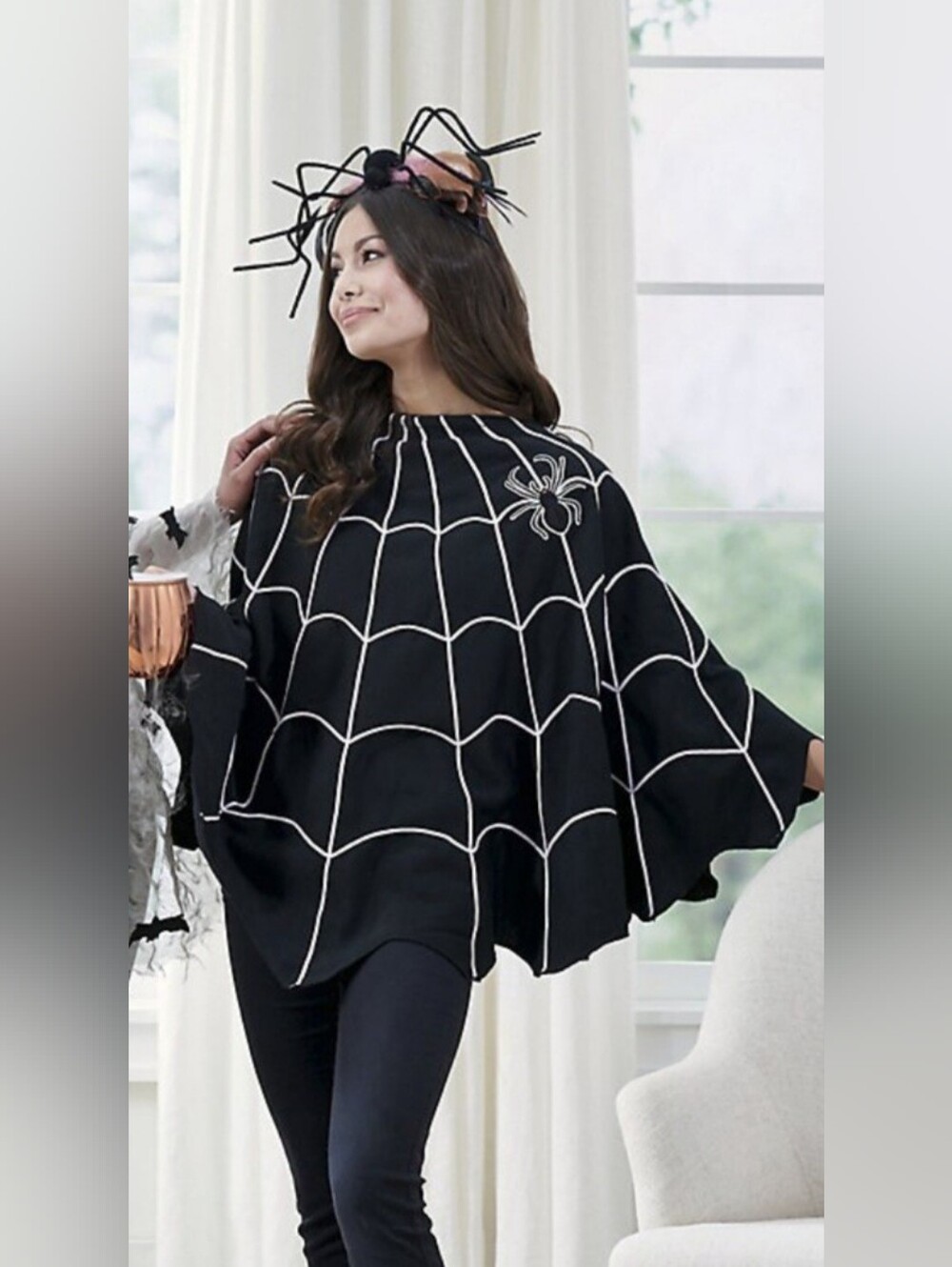 Grandinroad Black Spiderweb Poncho Sweater with Embroidered Spider Black Widow